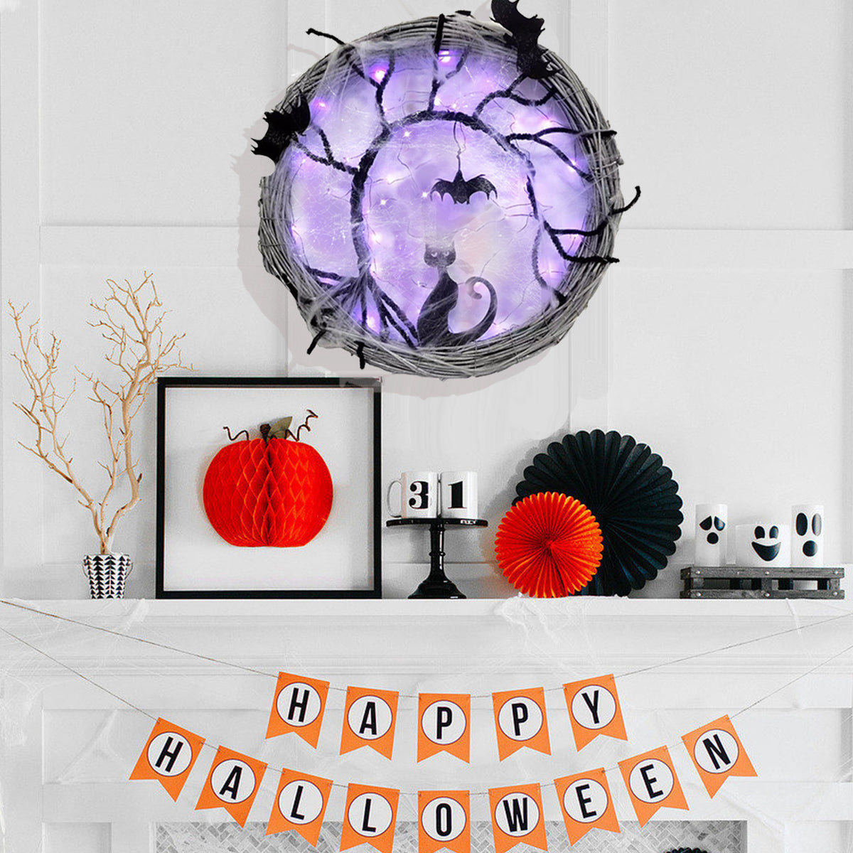 Wiher 18.8Inch Lighted UP Bat and Cat Halloween Wreath Decoration with Purple LED Lights,Battery Operated Horror Black Wreath Halloween Porch Decor