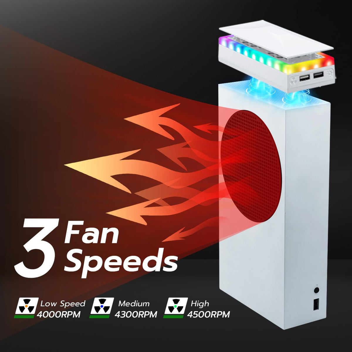 RGB Cooling Fan for Xbox Series S, Cooling System with 3 Speed Level Adjustable, 7 Modes RGB Light Strip, Dust Filter, Low Noise and 2 USB Port, Cooler Fan for Xbox Series S Console(Black)
