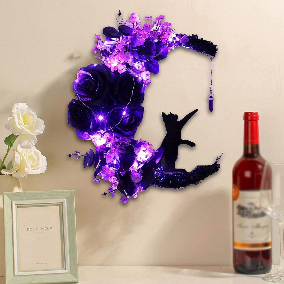 Wiher Halloween Wreaths Decor with Lights for Front Door, 13.77" Halloween Moon Wreath with Black Cat Wood Wreath Halloween Wreath Horror Decorations for Home Party Window Wall Indoor Outdoor A