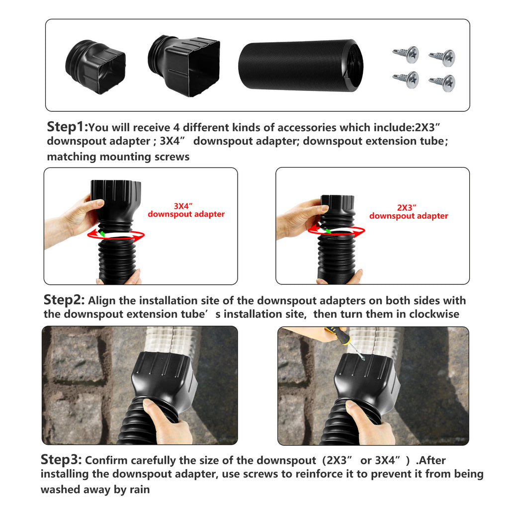 Wiher 2 Pack Flexible Rain Gutter Downspout Extensions,Drain Downspout Extender,Gutter Extension Flexible,Down Spout Drain Extension Pipes,Extendable from 21 to 60 Inches (Black)