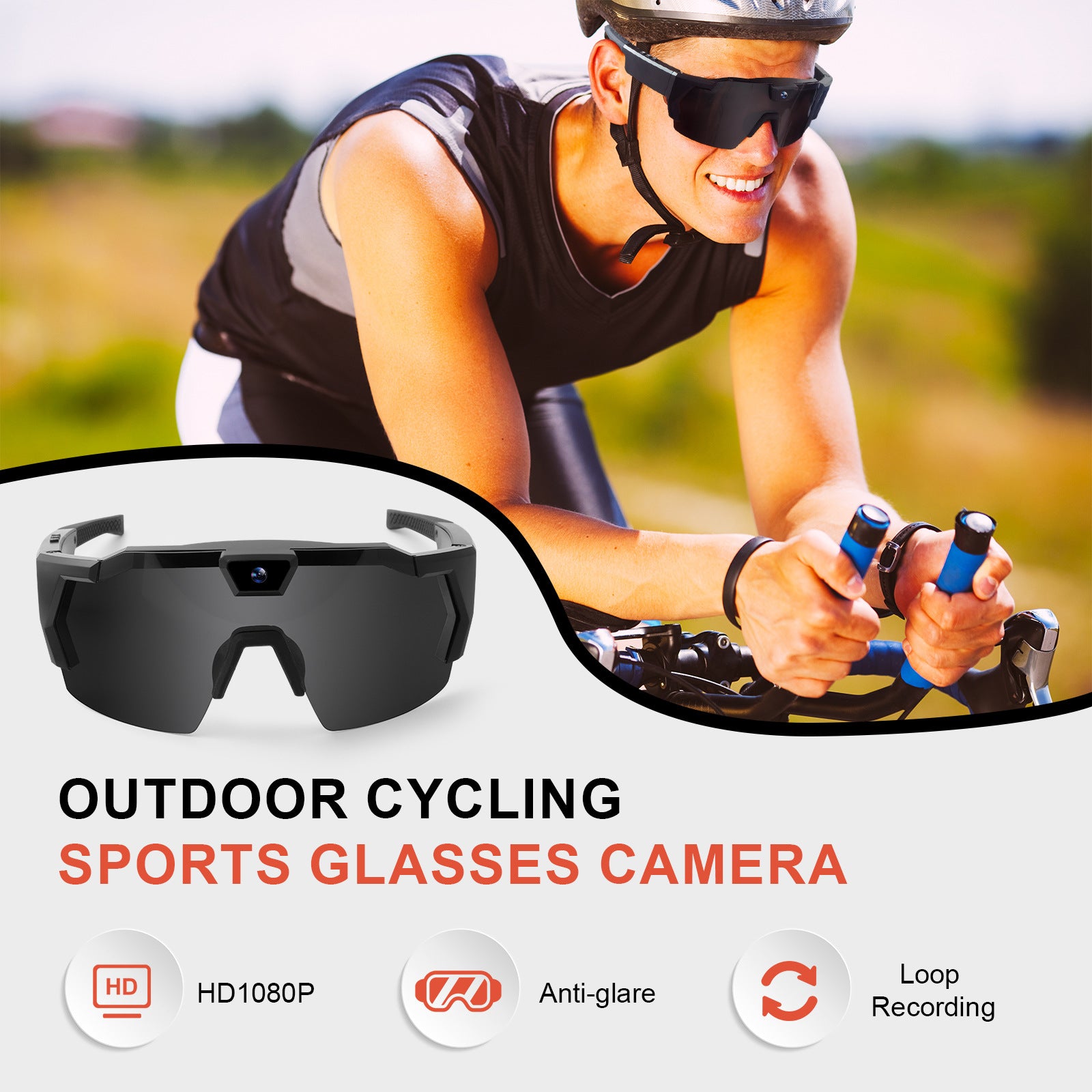 Wiher Smart Camera Glasses, Outdoor Sports Glasses HD Recording Video, Cycling Action Sunglasses, Wearable Audio Take a Picture Wireless Photography Shooting VCR，Suitable for Men and Women(Black)