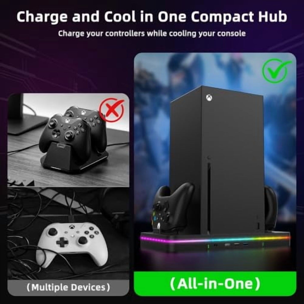 Charging Stand for Xbox Series X/S Console with Cooling Fan Controller Charging Dock and Headset Holder, Xbox Series Accessories with 3 USB Ports, Black