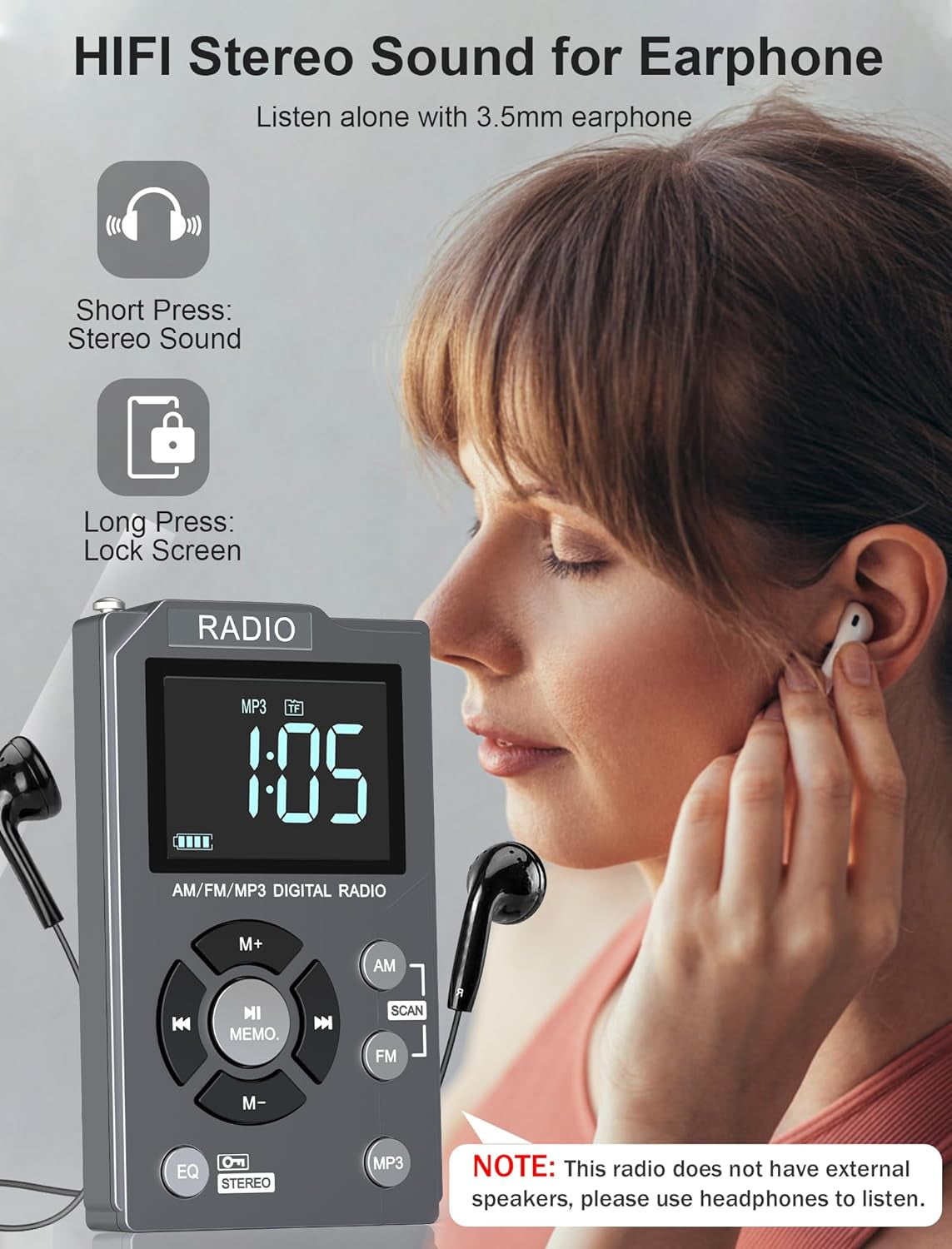 Wiher Digital AM FM Radio Portable Pocket Radio with Best Reception,600 mAh Rechargeable Walkman Radio with Stereo Earphone,Personal Radio Support TF Card,Large LCD Screen and Lock Screen