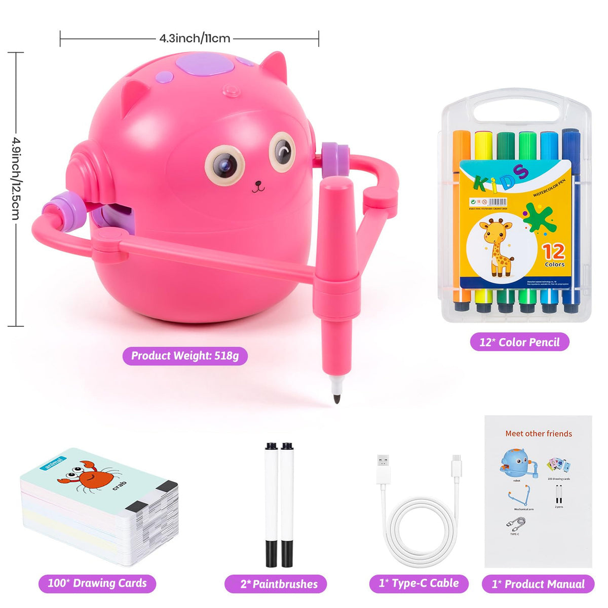 Drawing Robot for Kids, Interactive Educational Drawing Robot with Voice Interaction, Magic Painting Robot Toy with 100 Word Cards & 16 Color Pens for Girls and Boys Age 3+ (Pink)