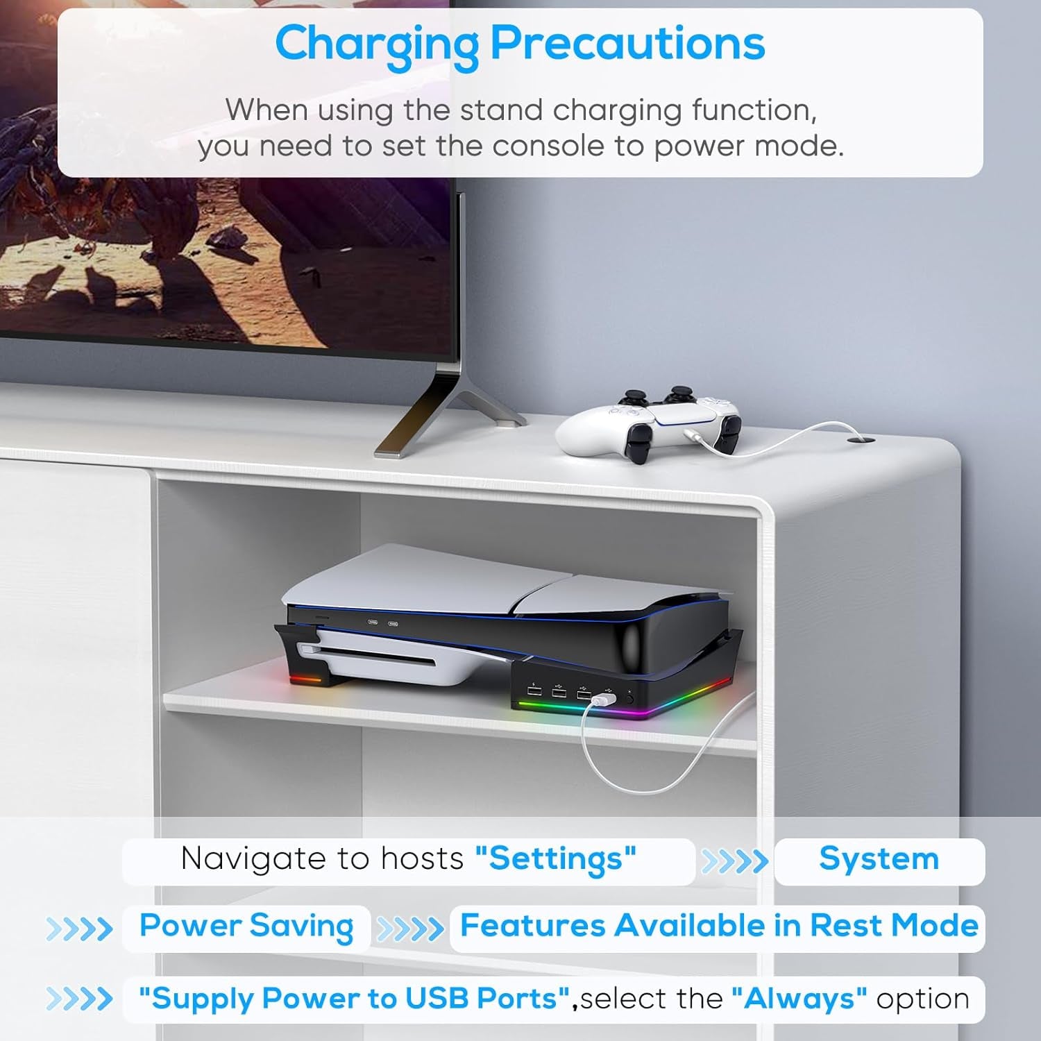 RGB Horizontal Stand for PS5 Pro / Slim Console Accessories with 14 Light Mode and 4 USB Hubs, Side Stand for Playstation 5 Pro / Slim Disc & Digital, Base Holder with Fast Charging, Black