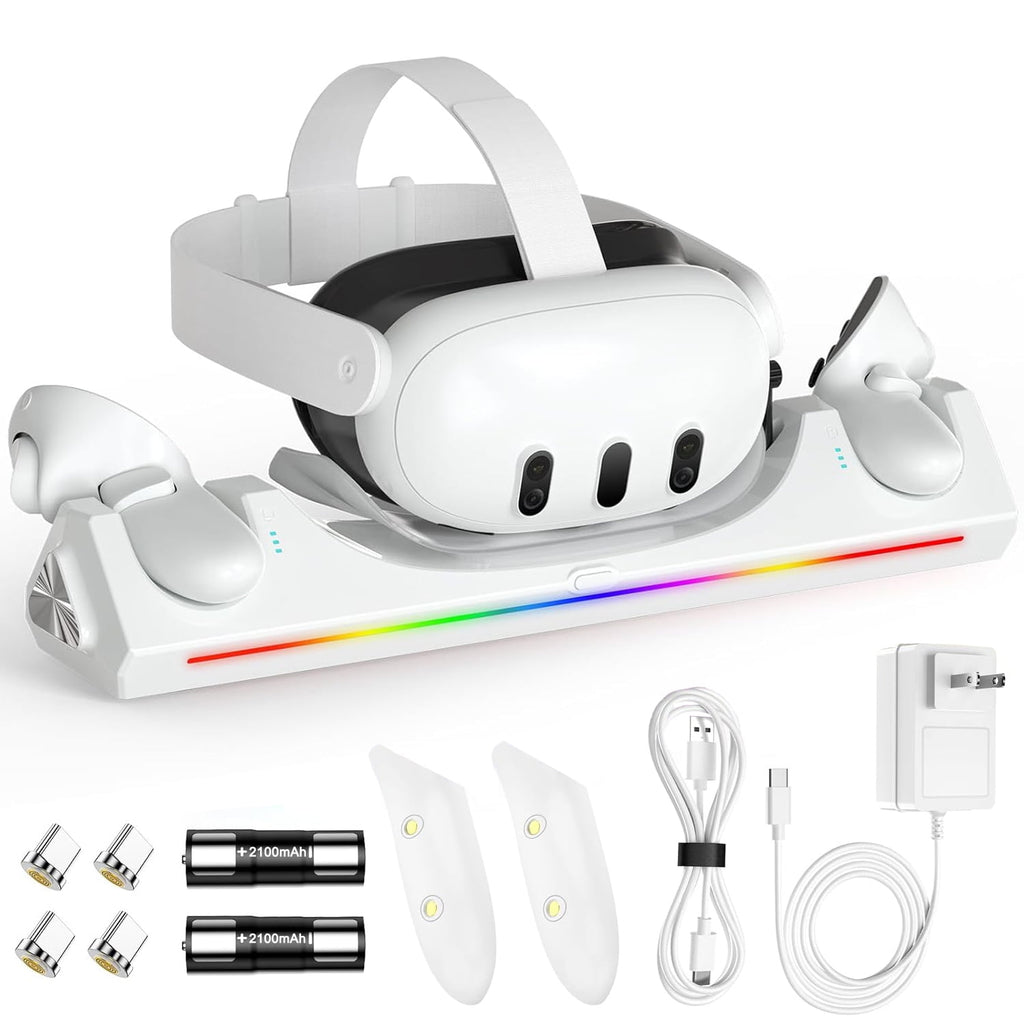 VR Charging Dock for Meta Quest 3/3S with RGB LED Light, Magnetic Charging Station for Oculus Quest 3 VR Headset and Touch Controllers, with 2 Rechargeable 2100mAh Batteries/USB-C Charger Cable