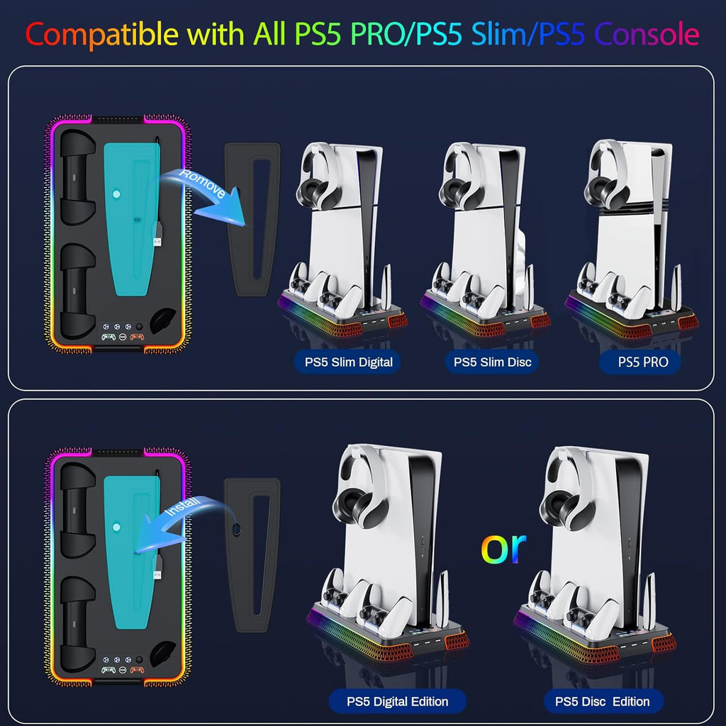 PS5/Pro/Slim Stand for Cooling Station, Controller Charging Station for PlayStation 5 Console, PS5 Stand Controller Charger for with 3 Levels Cooling Fan, Headset Holder for PS5 Digital/Disc