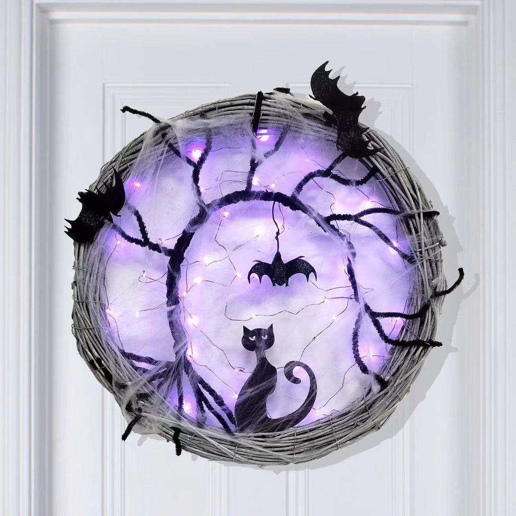 Wiher 18.8Inch Lighted UP Bat and Cat Halloween Wreath Decoration with Purple LED Lights,Battery Operated Horror Black Wreath Halloween Porch Decor