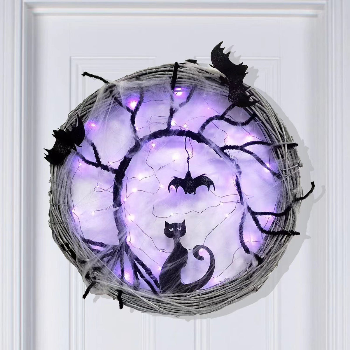 Wiher 18.8Inch Lighted UP Bat and Cat Halloween Wreath Decoration with Purple LED Lights,Battery Operated Horror Black Wreath Halloween Porch Decor