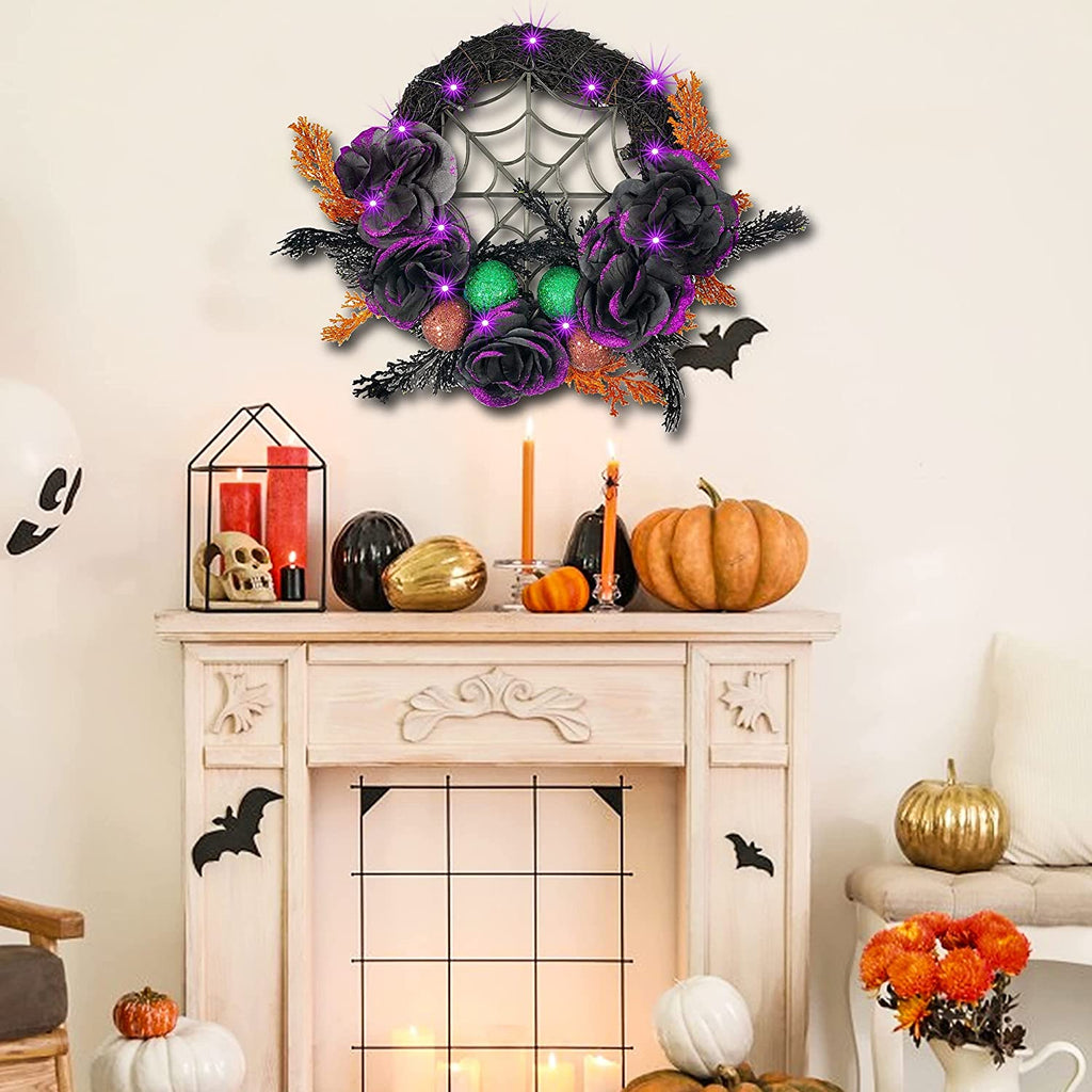 Prociv 20 LED Halloween Wreaths for Front Door, Pre-Lit Artificial Purple Halloween Lights Wreath for Home Door Wall Decorations 17.7"