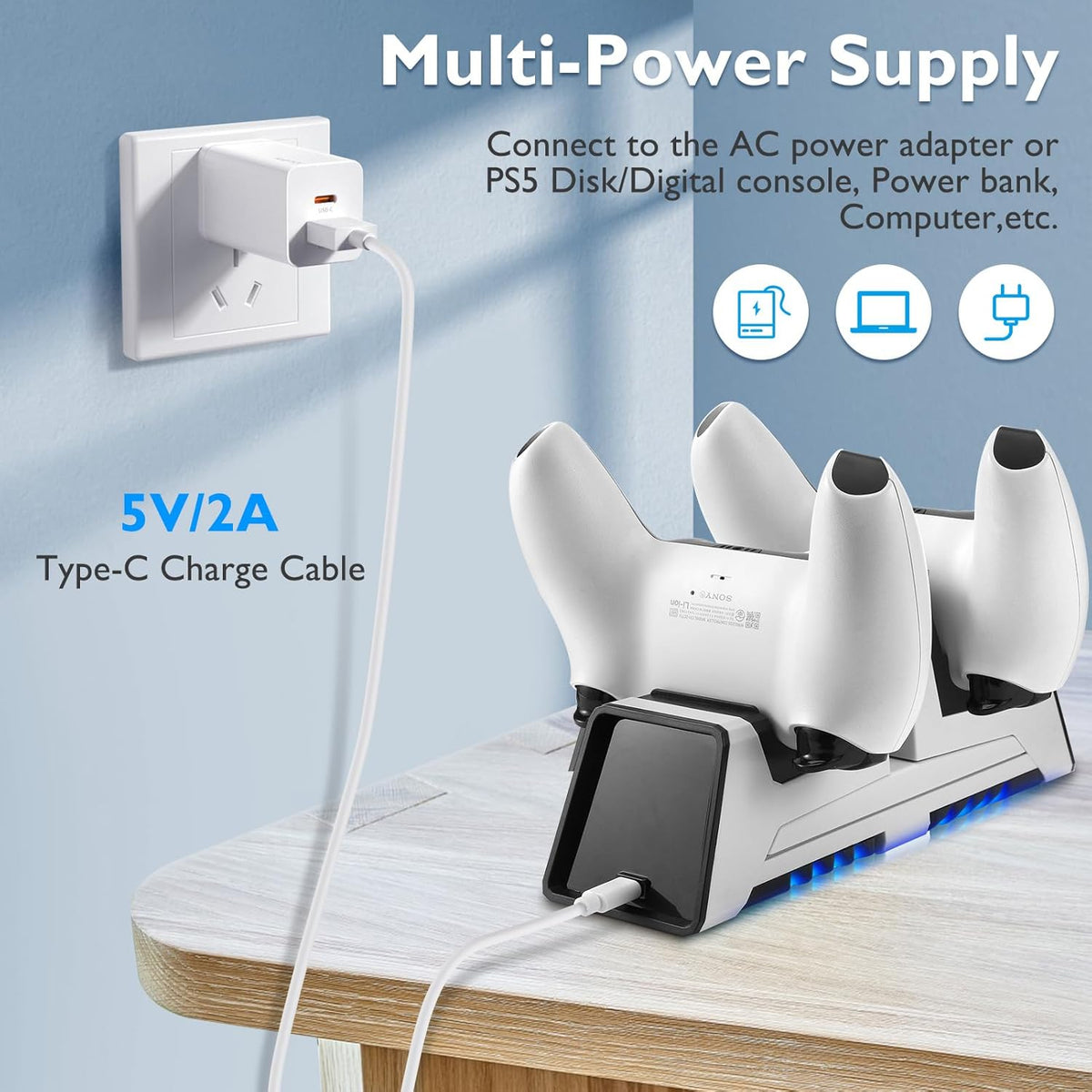 3 in 1 Controller Charging Station for PS VR2 / PS5 / PS5 Edge with 5V/3A Adapter & Led Light, Wireless Controller Charger Dock for Playstation 5, Charging Stand with VR2 Headset Holder