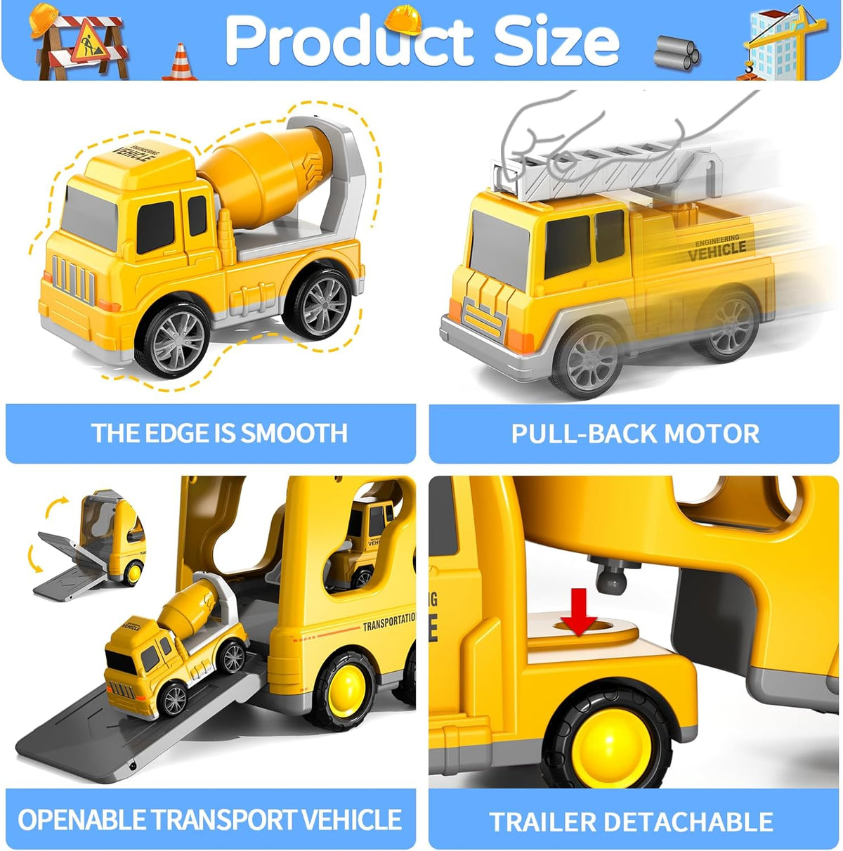 LC-dolida 5 in 1 Construction Car Carrier Truck Toys for 3 4 5 6 Year Old Boys, Friction Power Cars with Excavator,Bulldozer,Crane,Cement tanker, Christmas Birthday Boys for Boys Age 3-9
