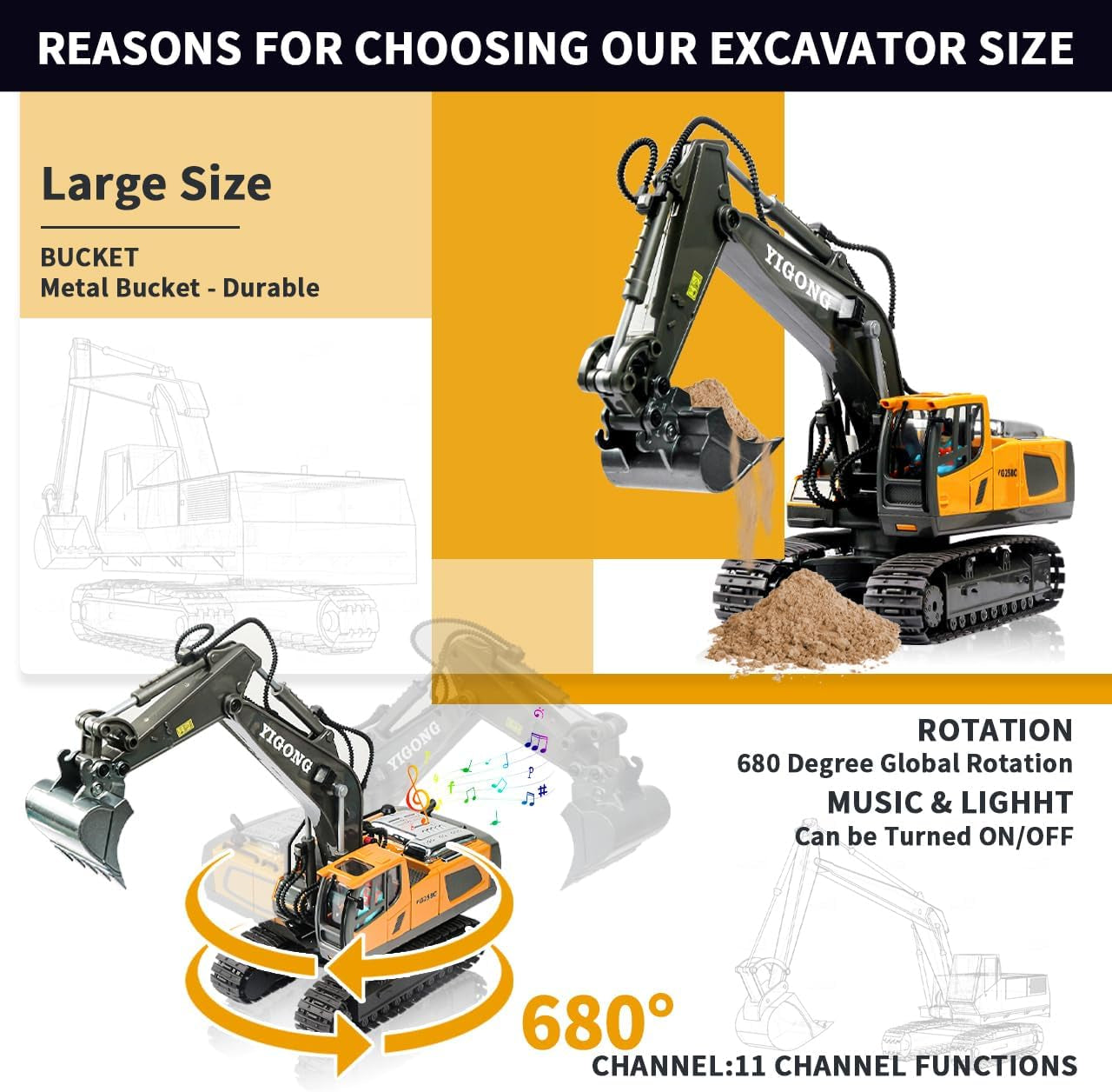 Wiher Remote Control Excavator Toys for Boys,14 Channel 1:14 RC Digger Construction Toys Tractor, Sound, Lighting, Metal Digging Head,RC Truck Gifts for Boys 3 4 5 6 7 8 9 10
