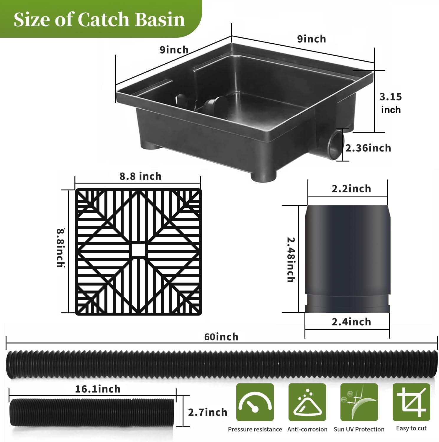 Wiher Catch Basin Downspout Extensions Upgraded 9x9 inch No Dig French Drain Downspout Diverter Flexible Gutter with Leak-Proof Splash Block Kit Extendable from 16 to 60 Black