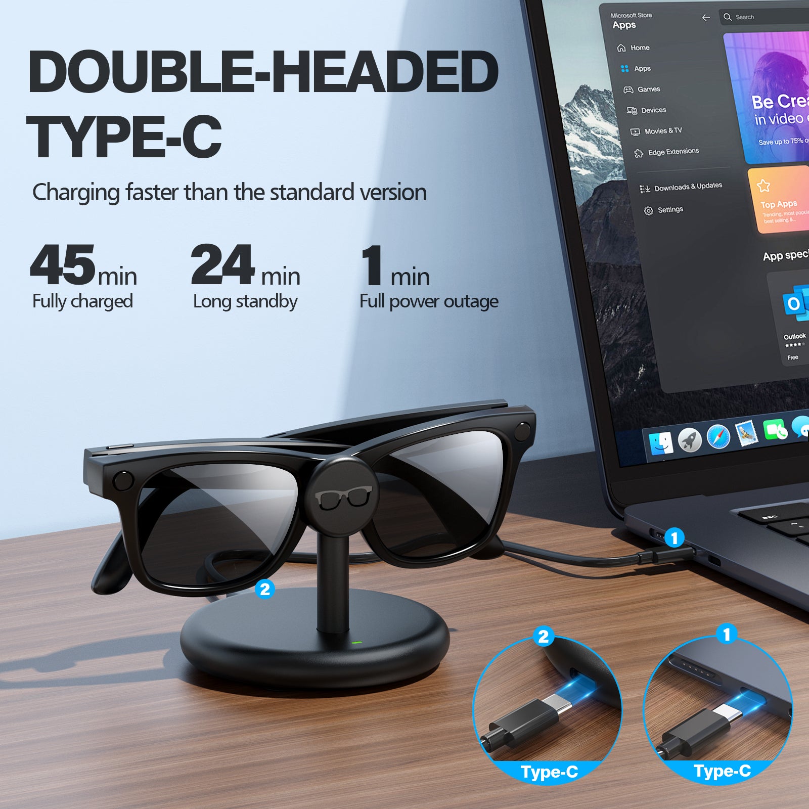 Charging Station for Meta Wayfarer/Skyler/Headliner, Portable Charging Dock Compatible with Oakley Meta HSTN, Travel Charging Stand with Cable, LED Indicator,Black