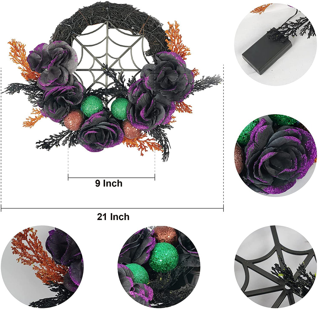 Prociv 20 LED Halloween Wreaths for Front Door, Pre-Lit Artificial Purple Halloween Lights Wreath for Home Door Wall Decorations 17.7"