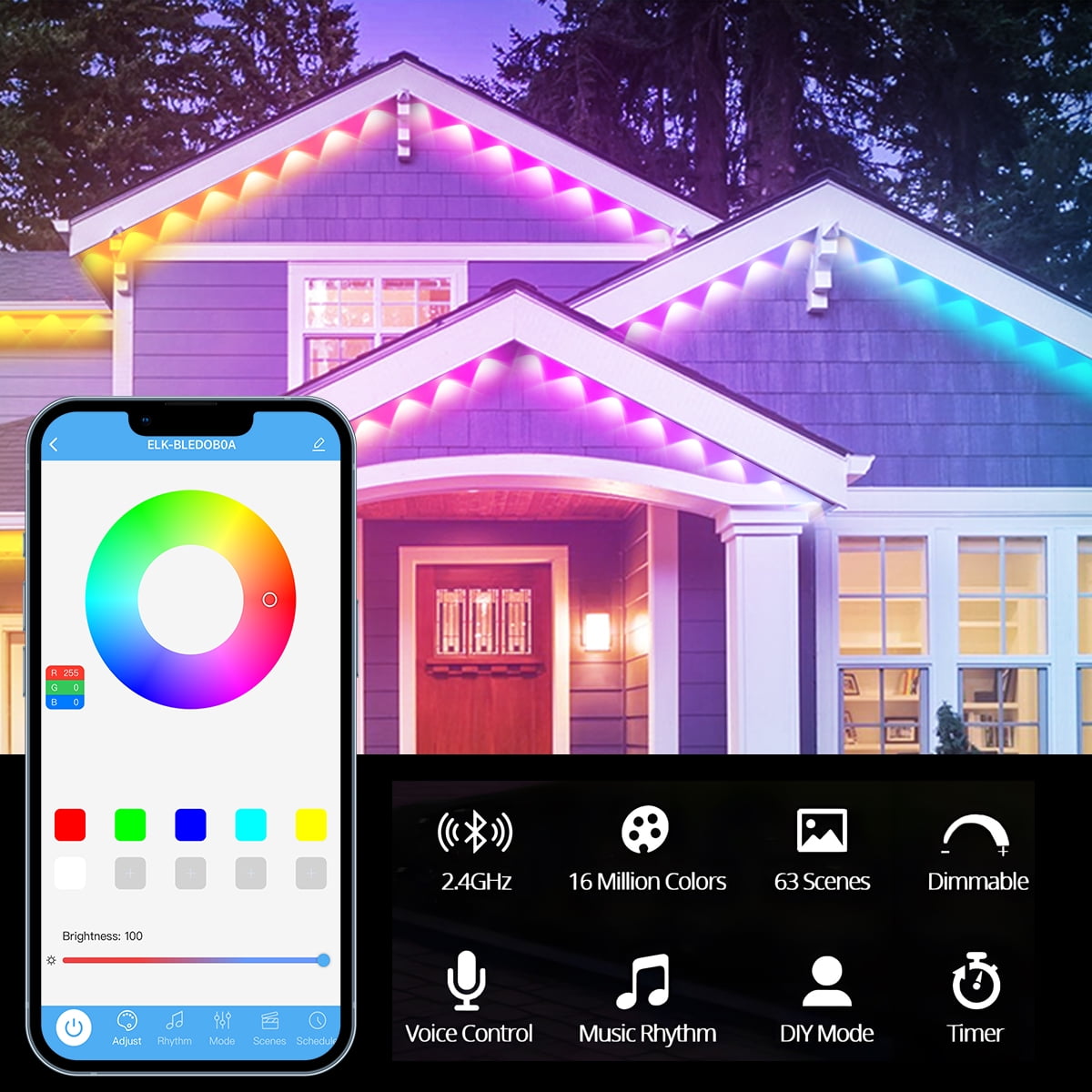 Permanent Outdoor Lights 150ft Christmas Outdoor Lights Smart RGB+IC App Control with 48 LEDs LED Eaves Lights IP67 Waterproof House Roof Outdoor Lighting for Party Daily Halloween Garden