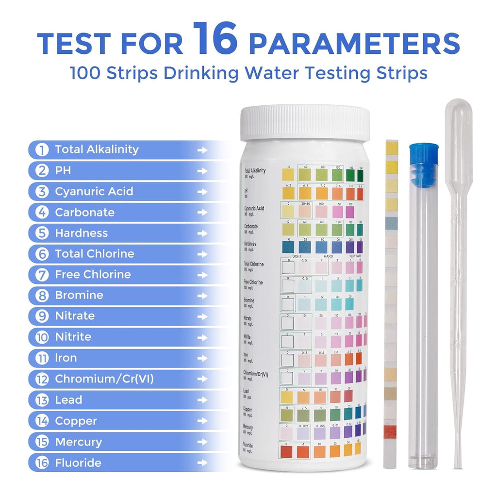 Wiher 16 in 1 Water Testing Strips Water Testing Kits for Drinking Pool Water 100 Strips Home Water Quality Test Kit Testing for pH Hardness Chlorine Lead Iron Copper Nitrate Nitrite