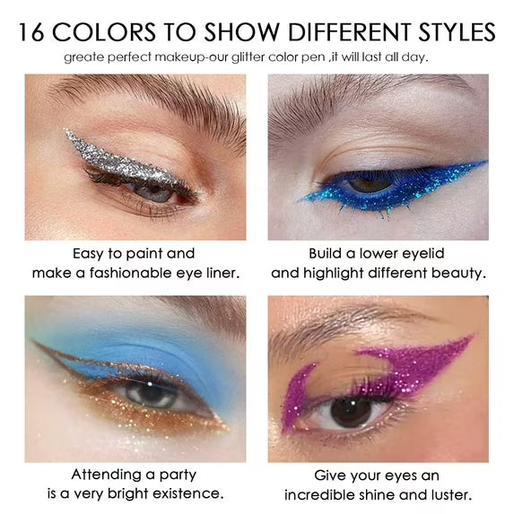 16 Color Liquid Glitter Eyeliner Sets, Waterproof Long Lasting Quick Dry Shimmer Eyeliner Eyeshadow Pencil Makeup Kit Gift for Women Girls