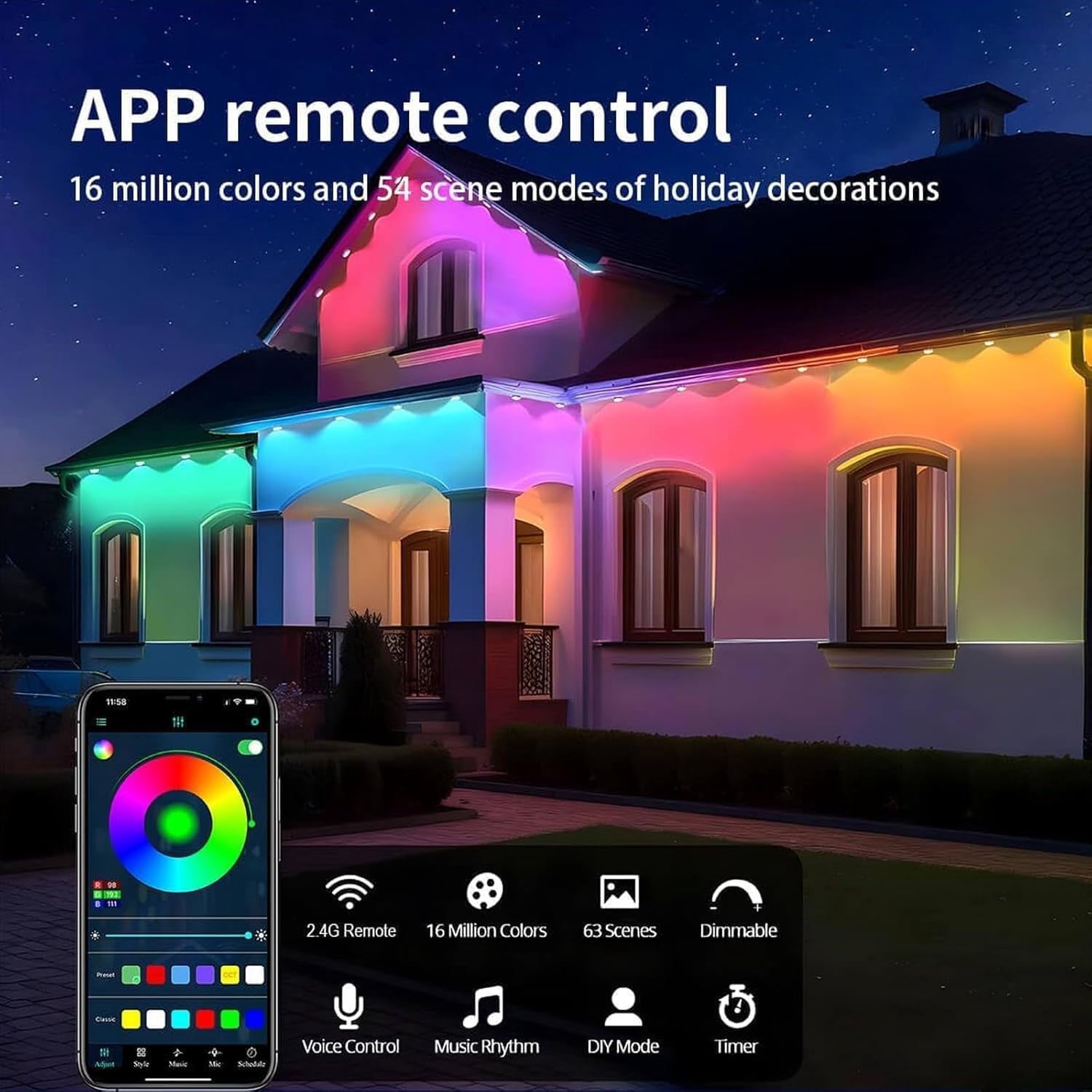 Prociv Permanent Outdoor Lights 150ft Smart RGB App Control Outdoor Lights with 90 LEDs LED Eaves Lights IP67 Waterproof House Roof Outdoor Lighting for Party Daily Halloween Christmas Garden