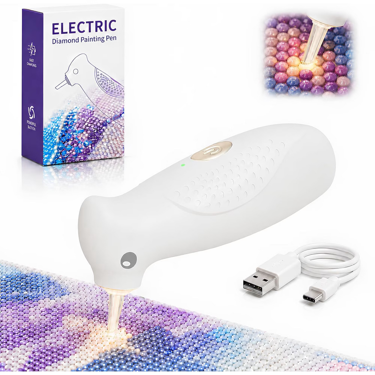 Diamond Painting Pen with Warm Light, Ergonomic Palm-Grip | Diamond art vacuum pen tool with integrated suction tip, wax-free pickup, quiet cordless USB-C rechargeable for 5D DIY crafts, White