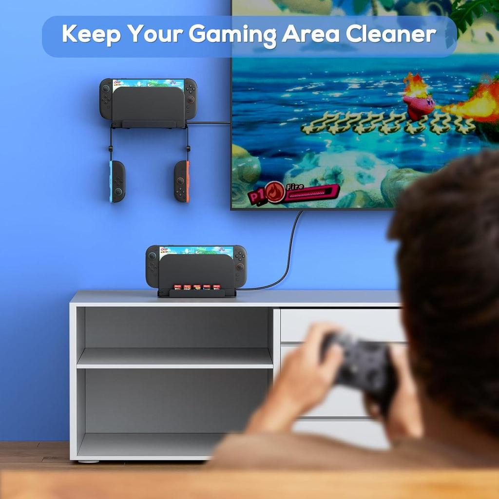 Metal Wall Mount for Nintendo Switch 2 Console Switch 2 Organizer Shelf Base Kit Behind TV Switch 2 Accessories with 5 Card Slots and 4 Joy-con Hanger Carbon Black