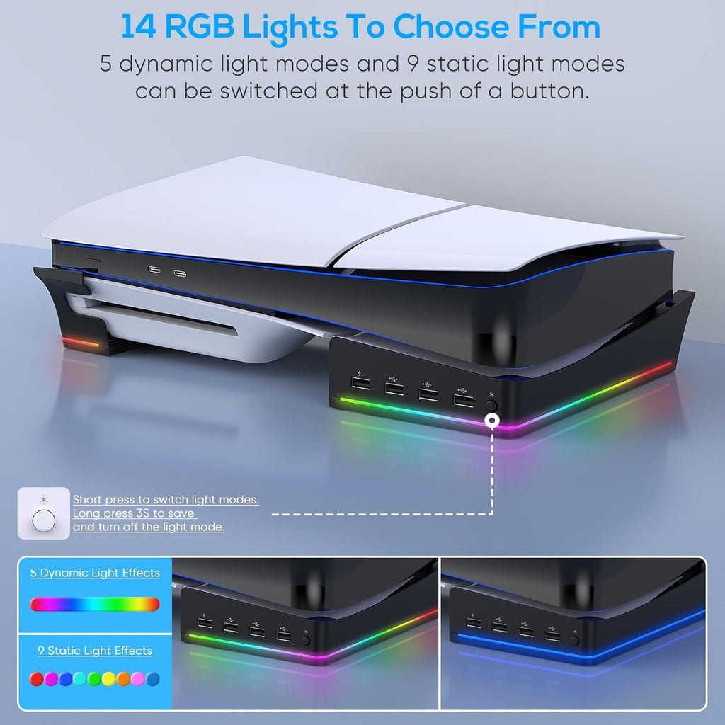 RGB Horizontal Stand for PS5 Pro / Slim Console Accessories with 14 Light Mode and 4 USB Hubs Side Stand for Playstation 5 Pro / Slim Disc & Digital Base Holder with Fast Charging Black