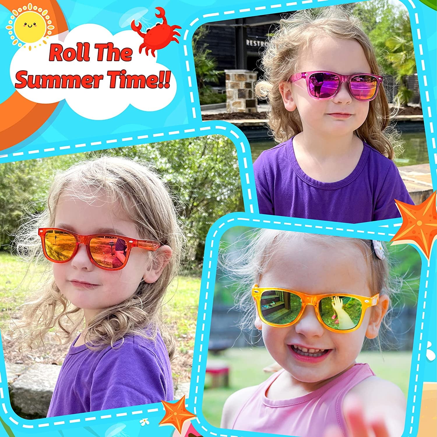 Prociv 24 Pack Kids Sunglasses Bulk Kids Sunglasses Party Favor Neon Translucent Sunglasses with UV400 Protection Boys Girls Age 3-8 Beach Pool Birthday Party Supplies
