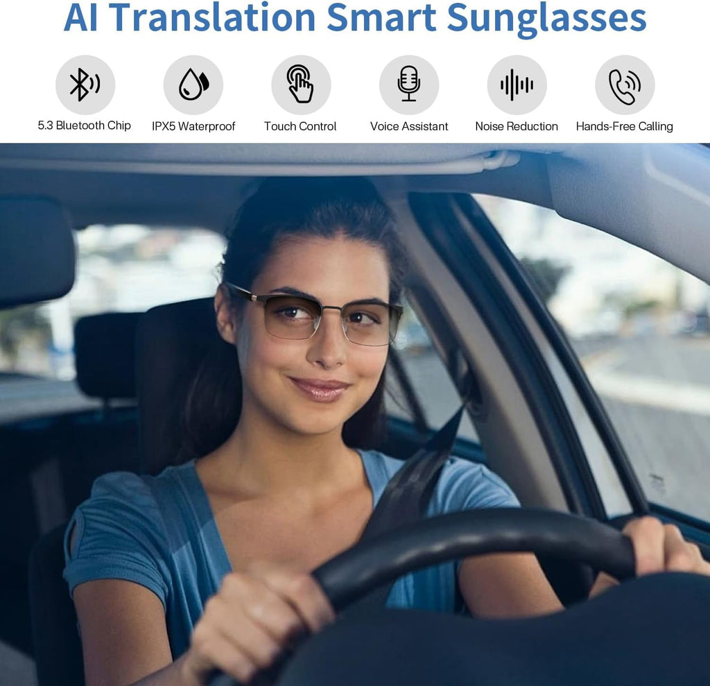 Wiher Smart Glasses with AI Translation Bluetooth Audio Sunglasses with Photochromic Lenses Voice Assistant Real-Time Translation Supports 144+ Languages Great for Business Travel Silver