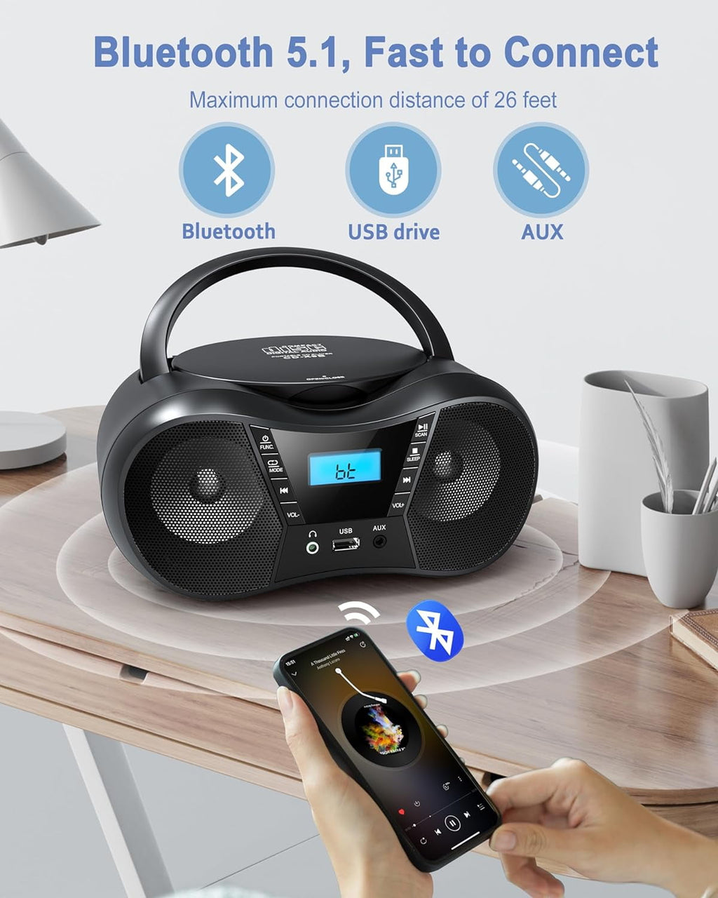 Prociv CD Player Boombox with FM Radio Bluetooth 5.1 Clear Sound LCD Display USB/AUX Input AC/Battery Powered CD/CD-R/CD-RW Compatible 3.5mm Headphone Jack Sleep Timer for Home Seniors Kids Black