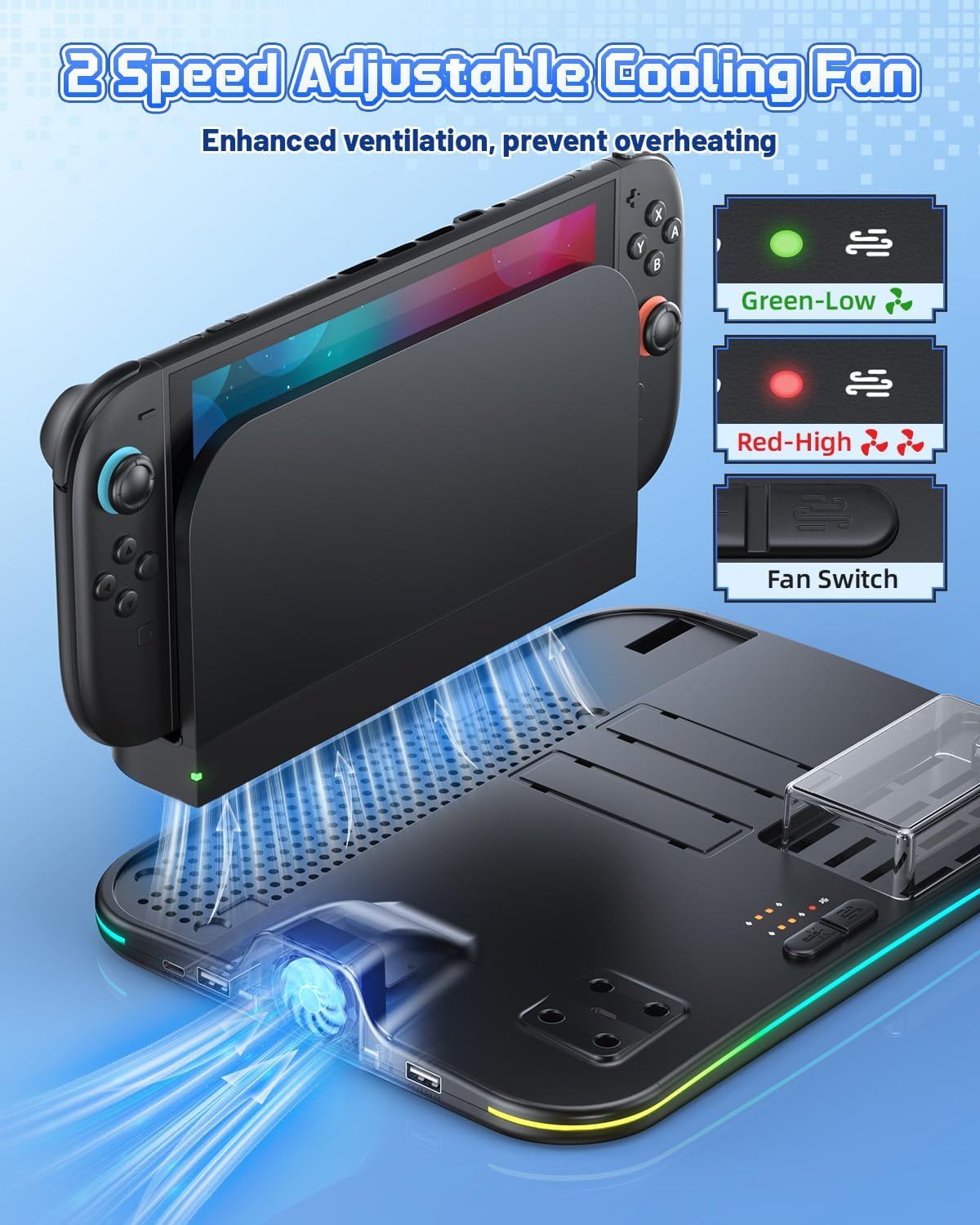 Charging Dock for Switch 2/1 Switch Cooling Fan for Nintendo Switch 2/1/OLED Storage Stand for JoyCon 2/1 with 12 Card Slots Controller/Headset Holder 9 RGB Modes