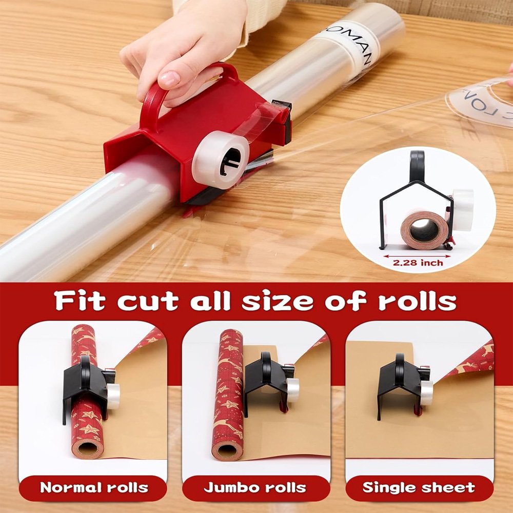 Wiher Wrapping Paper Cutter & Tape Dispenser, Gift Wrap Cutter Tool Dual Use Sliding Design with 4 Tapes & 2 Replacement Blades for Holiday & Birthday Gift Wrapping Paper Roll, 2 Pack（Black Red）