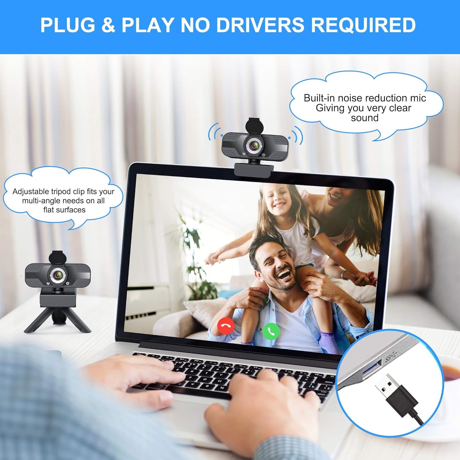 Webcam with Microphone for Desktop 1080P HD USB Webcam for PC Desktop & Laptop with Privacy Cover&Webcam Tripod Plug and Play for Conferencing and Video Calling