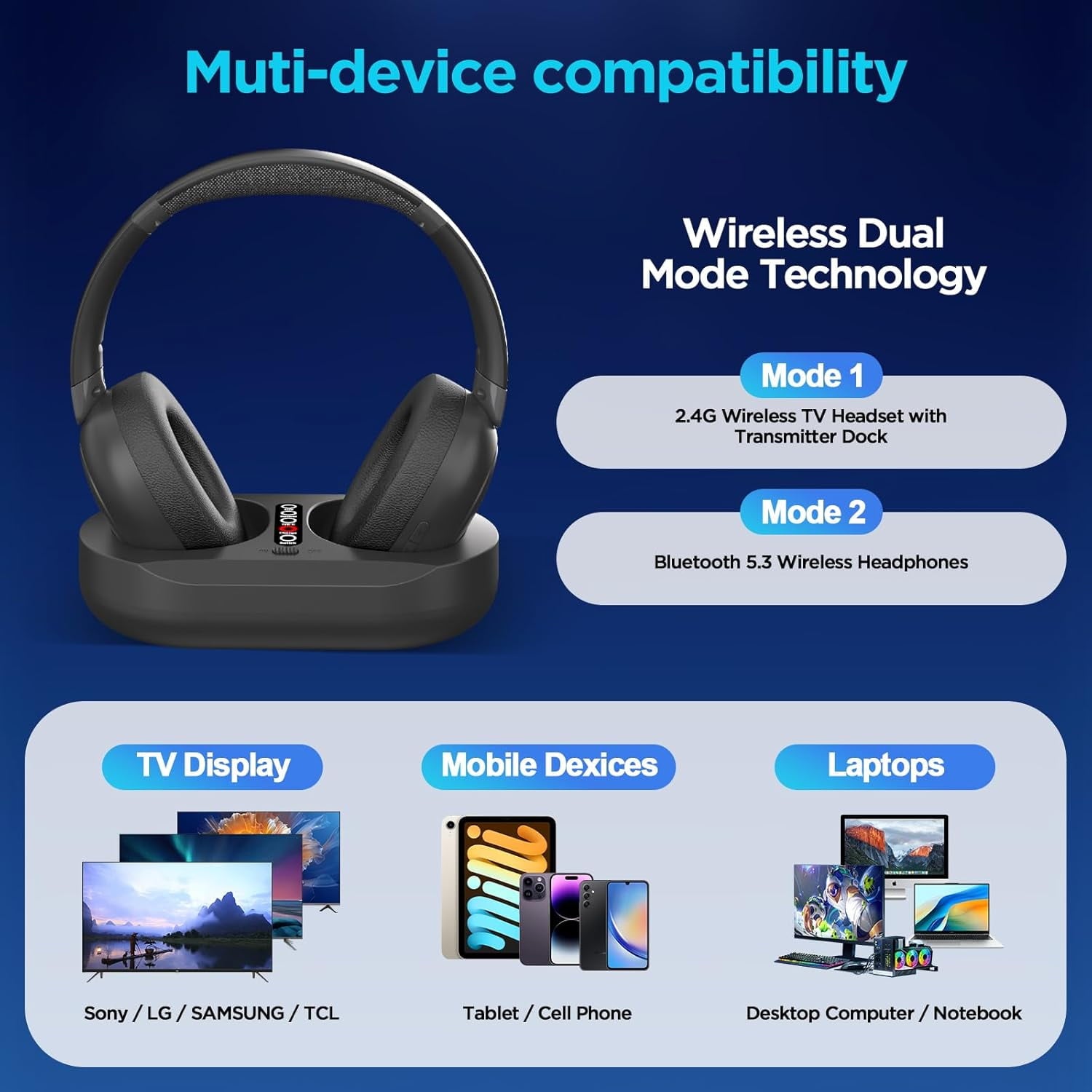 Wireless TV Headphones with 2.4G Digital RF Transmitter and Bluetooth Wireless Over Ear Headphone with Charging Base Support Optical/USB/RCA/BT No Audio Delay Compatible All TVs