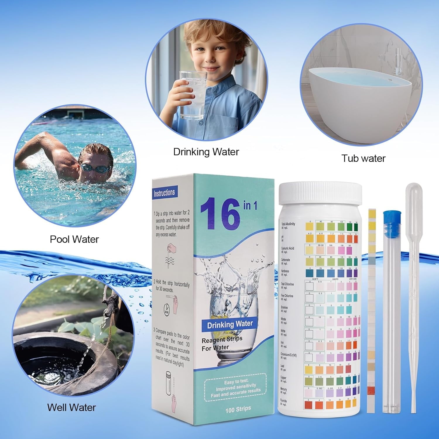 Wiher 16 in 1 Water Testing Strips Water Testing Kits for Drinking Pool Water 100 Strips Home Water Quality Test Kit Testing for pH Hardness Chlorine Lead Iron Copper Nitrate Nitrite