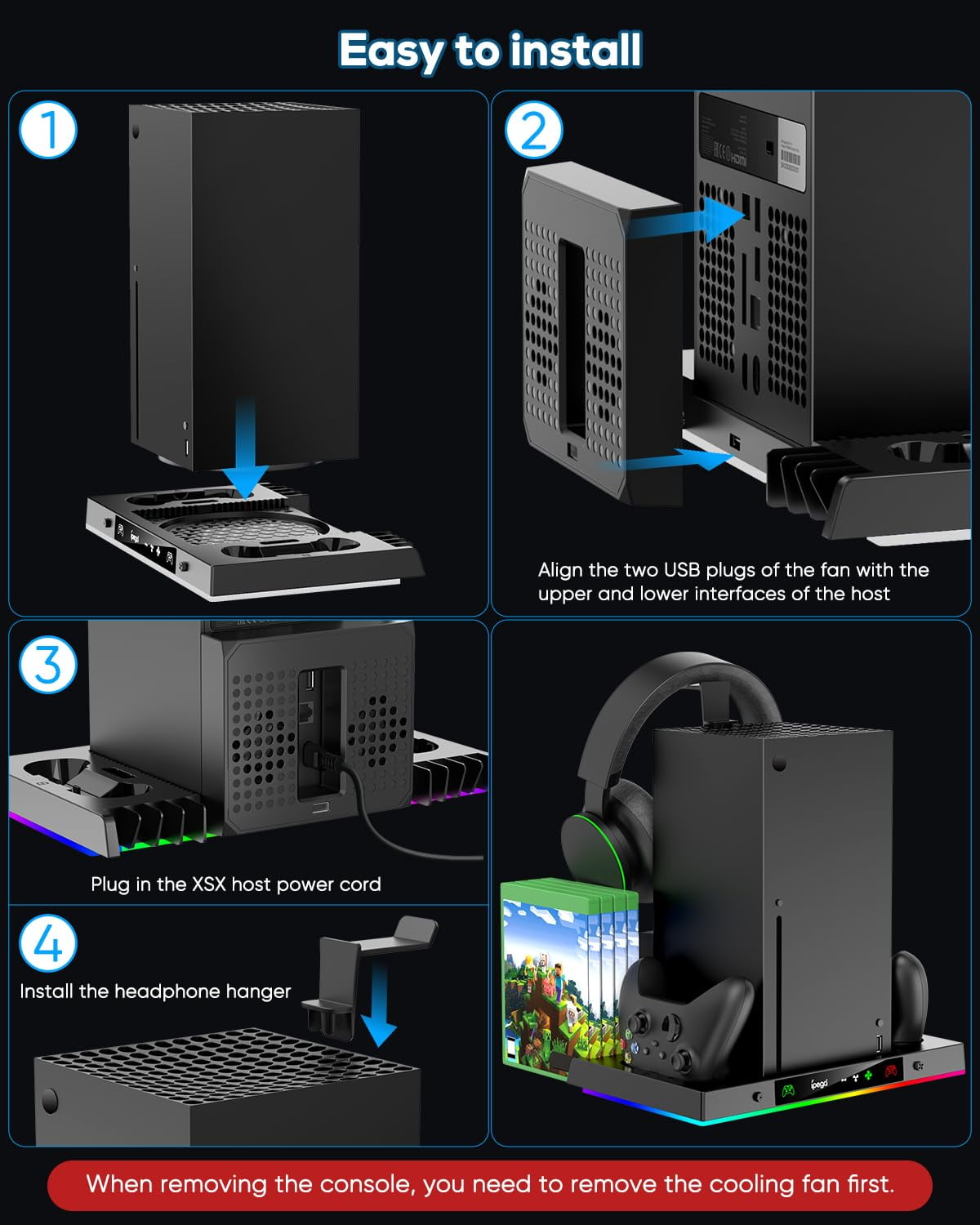Upgraded RGB Cooling Fan Charging Station for Xbox Series X Console & Controller Wireless Dual Charger Dock & Cooler System Stand with 15 Colorful Light Modes for Xbox Series X & Accessories Storage