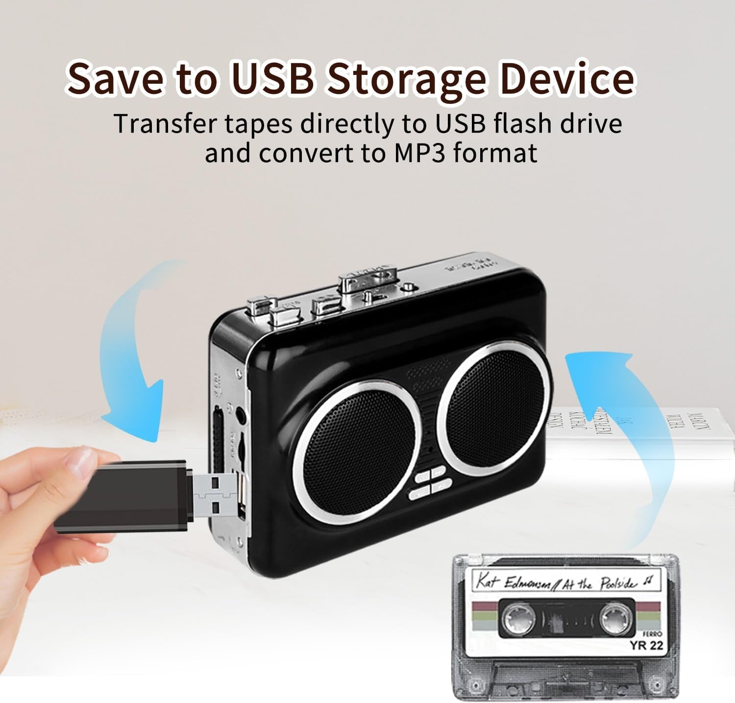 Portable Cassette Player with Auto Reverse Convert Tapes to Digital Files via USB Cassette Audio Player Tape to MP3 Converter Powered by USB Power Cord or AA Battery - Black