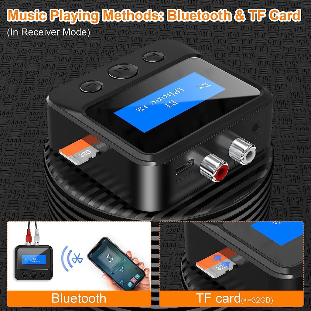 Bluetooth Transmitter Receiver for TV Bluetooth Receiver for Home Stereo with RCA 3.5mm AUX & Display Music Audio Adapter for Headphones/Speakers/Airplane/Home Theater/PC/Car with TF Card Output
