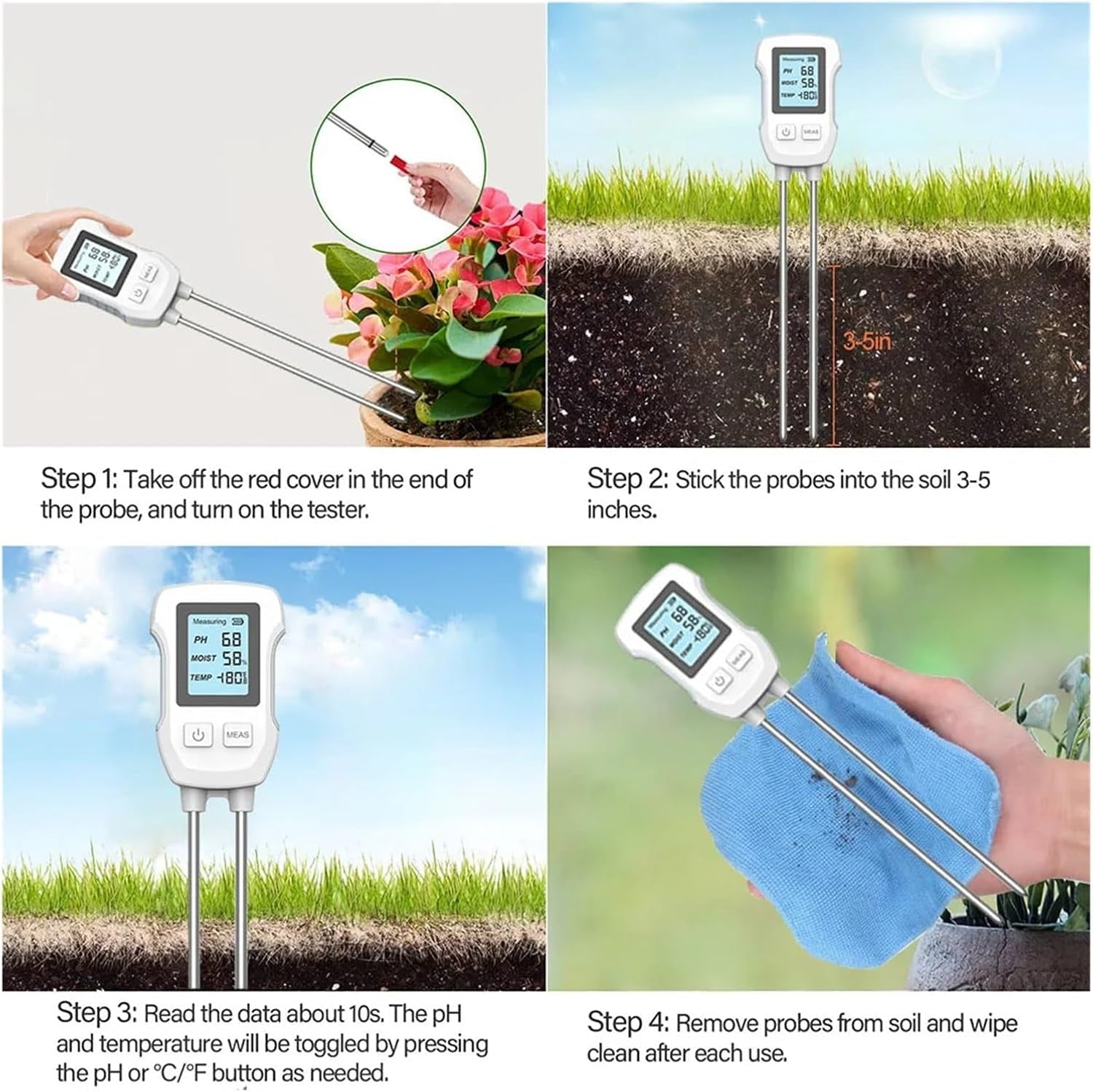 3-in-1 Soil Meter Digital Plant Temperature/Moisture/PH Meter Accuracy Digital Display Soil Tester Gardening Lawn Farm Test Kit Tool for Gardening Farming Indoor & Outdoor Use