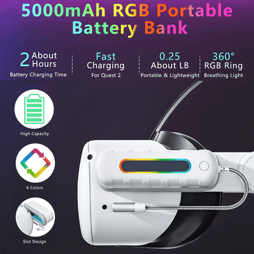 Battery Pack for Oculus Quest 2/3/3S RGB Light 5000mah Battery Pack For Meta Quest 2/Quest 3/Quest 3S VR Mini Power Bank High Speed VR Extend Battery Accessories Extra 2H-4H Playtime