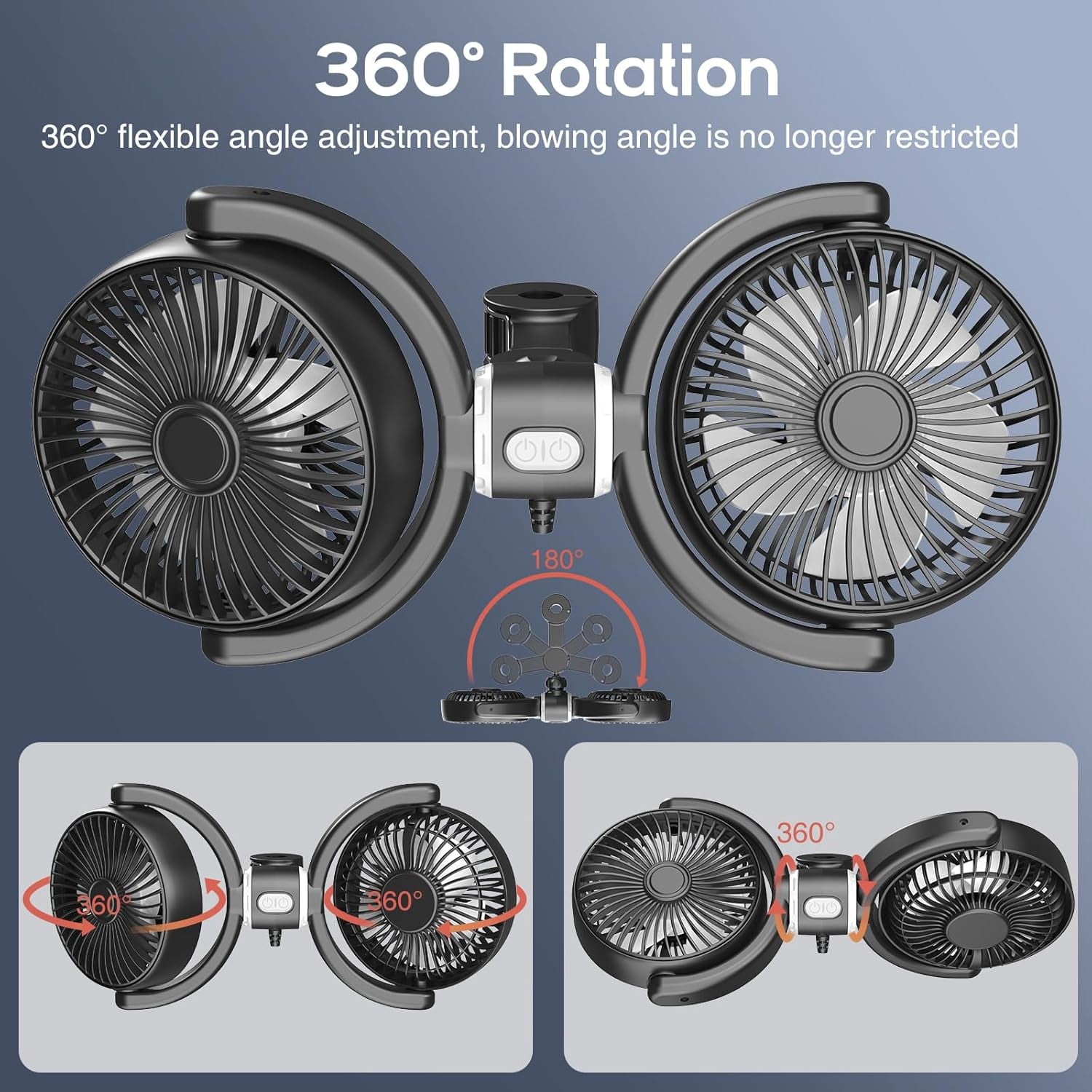 Dual Head Car Fan USB Cooling Fans for Backseat 360° Rotatable Car Seat Headrest Fan for Kids Dog Rear Facing 3-Speed Separate Controlled Car Backseat Fan Air Circulation for Vehicle SUV RV Trunk