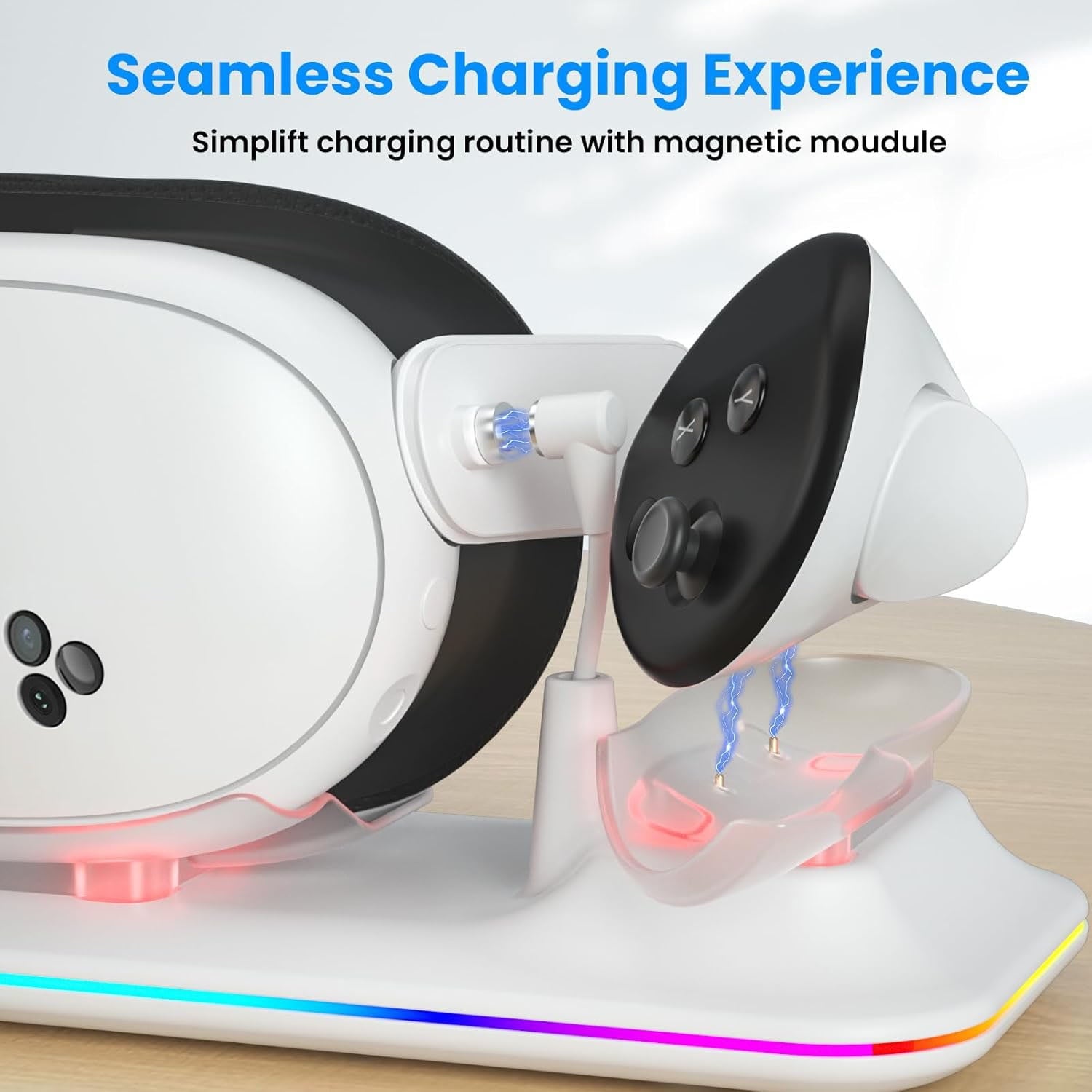 VR Charging Dock for Oculus/Meta Quest 3S - Magnetic Docking Station with LED Light - Charging Stationo Display with 2 * 1800Mah Rechargeable Batteries - VR Charging Stand Support Elite Strap White