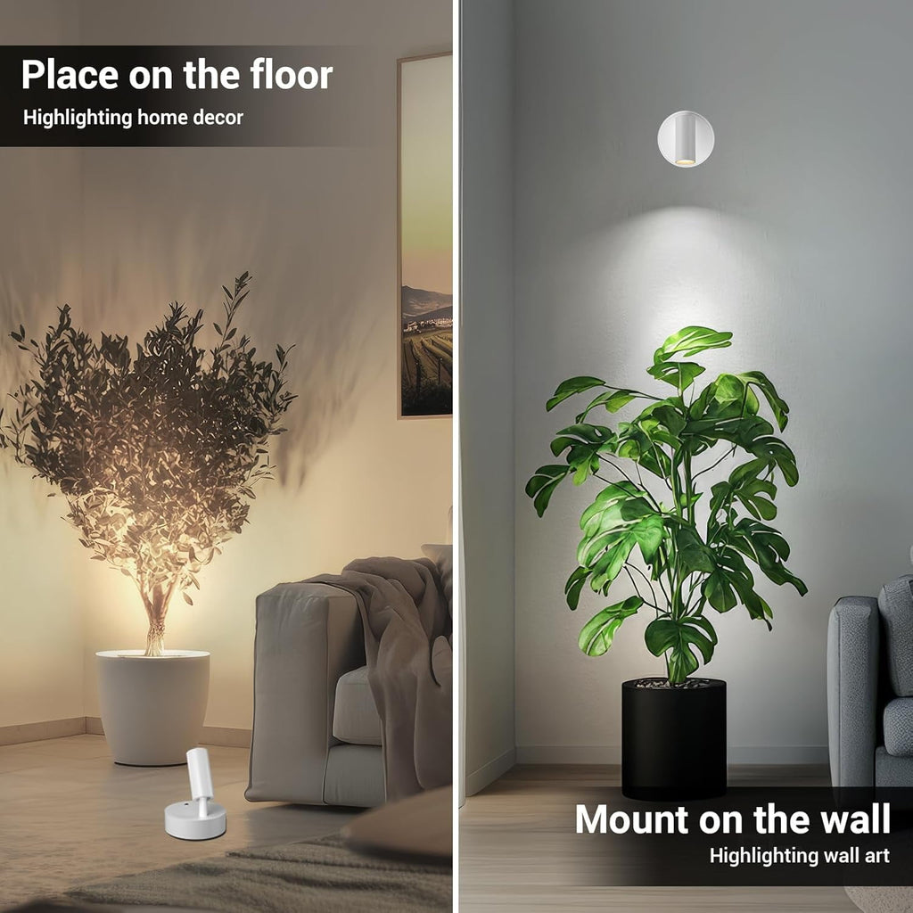 Wireless Led Spotlight Indoor Rechargeable Uplighting Indoor with Remote Dimmable 350° Rotate Battery Powered Ceiling Spotlight for Artwork Painting Tree White 2pcs