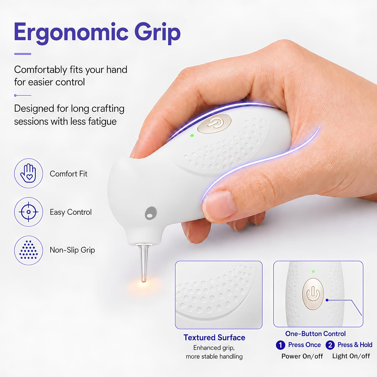 Diamond Painting Pen with Warm Light, Ergonomic Palm-Grip | Diamond art vacuum pen tool with integrated suction tip, wax-free pickup, quiet cordless USB-C rechargeable for 5D DIY crafts, Purple