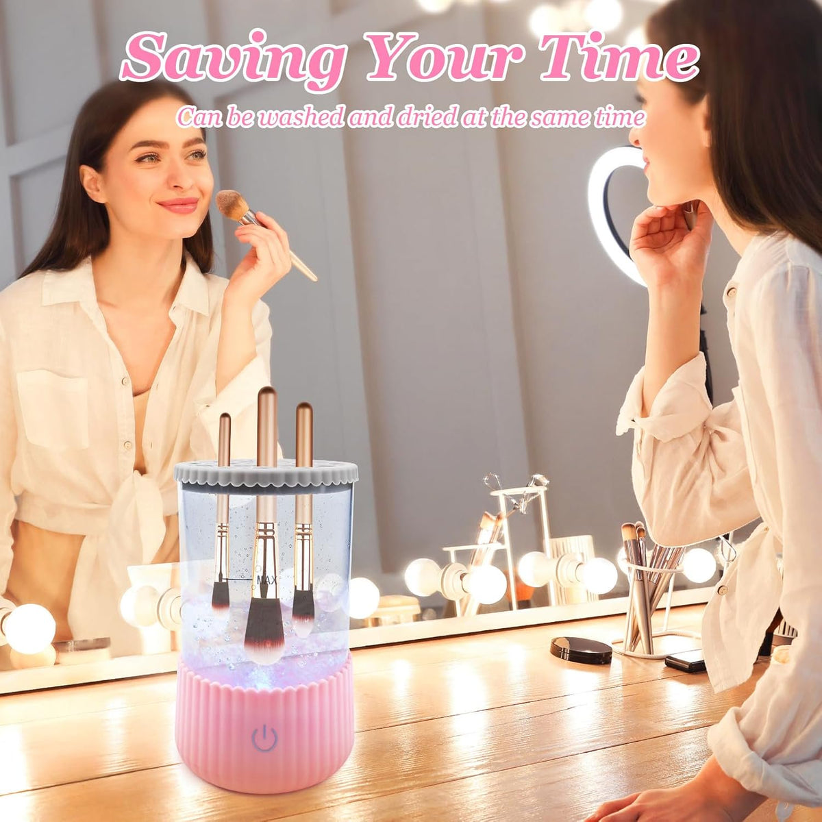 Wiher Makeup Brush Cleaner, Electric Makeup Brush Washer Machine with Touchscreen Quick cleaning and Drying for All Size Brushes and Sponges, Pink