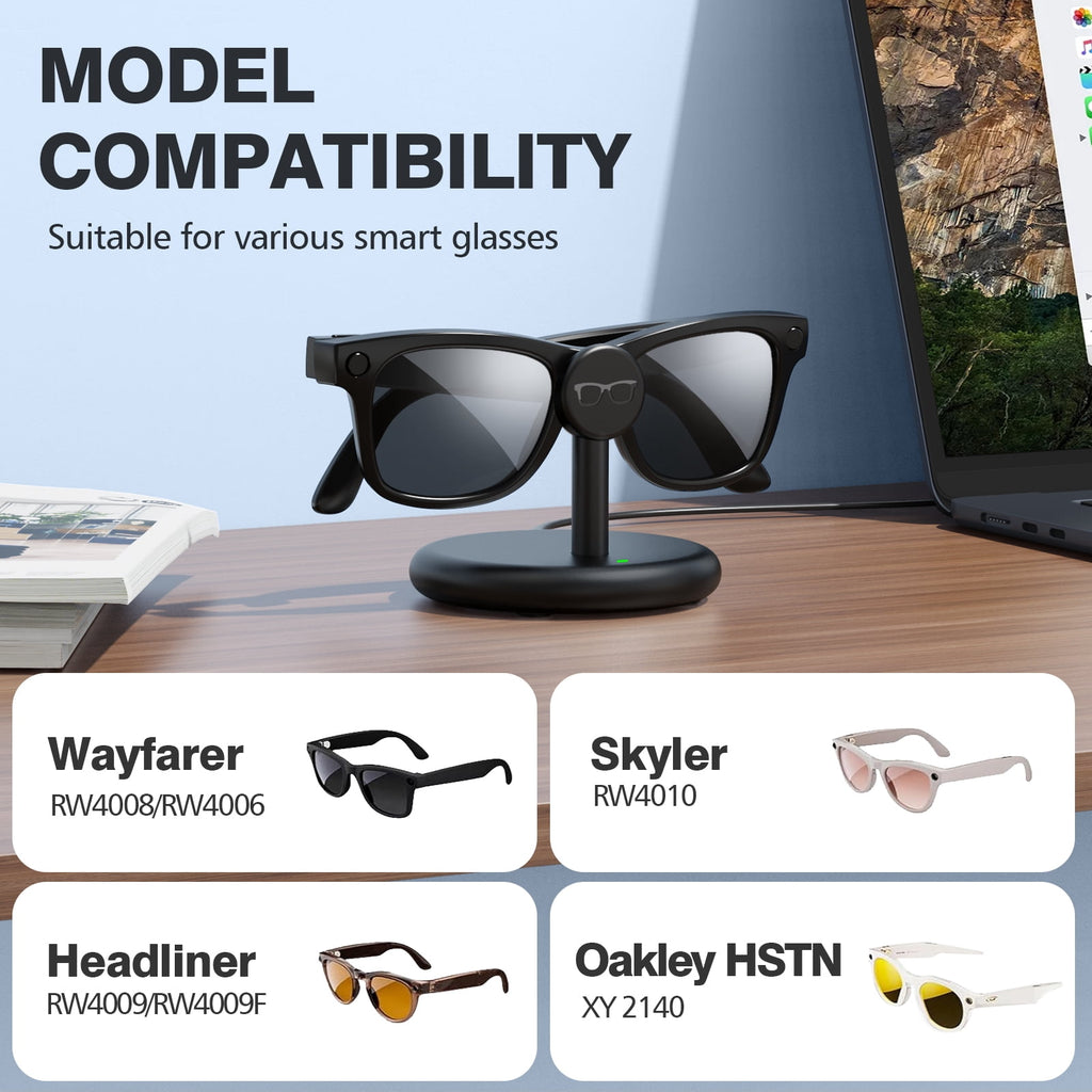 Charging Station for Meta Wayfarer/Skyler/Headliner Portable Charging Dock Compatible with Oakley Meta HSTN Travel Charging Stand with Cable LED Indicator Black