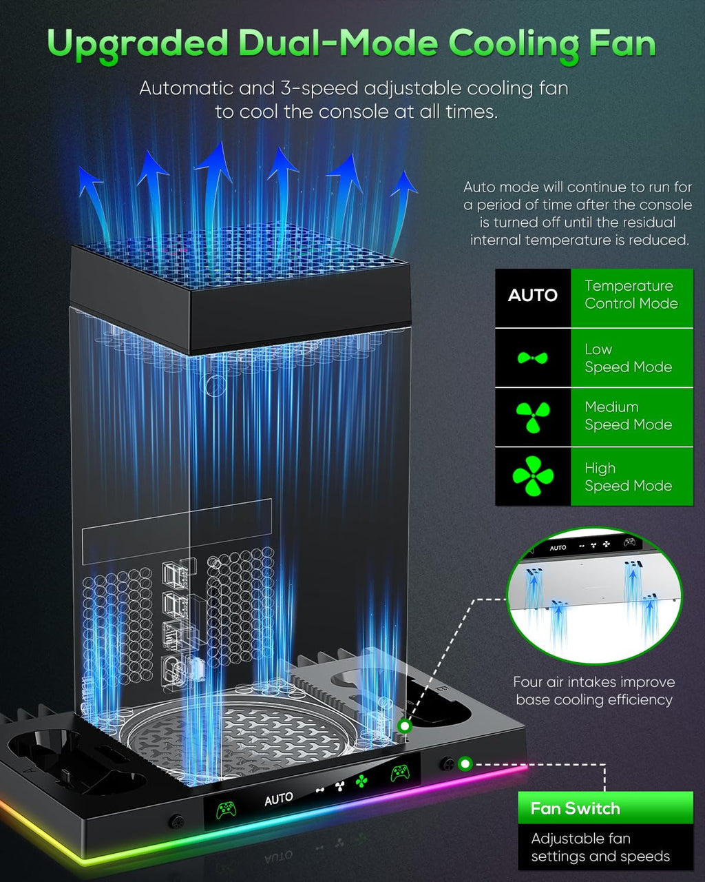 Auto Cooling Fan and Charge Stand Accessories for Xbox Series X Console with 15 Light Modes Wireless Dual Charger Dock for XSX Controller Headset Stand & Game Disc Storage