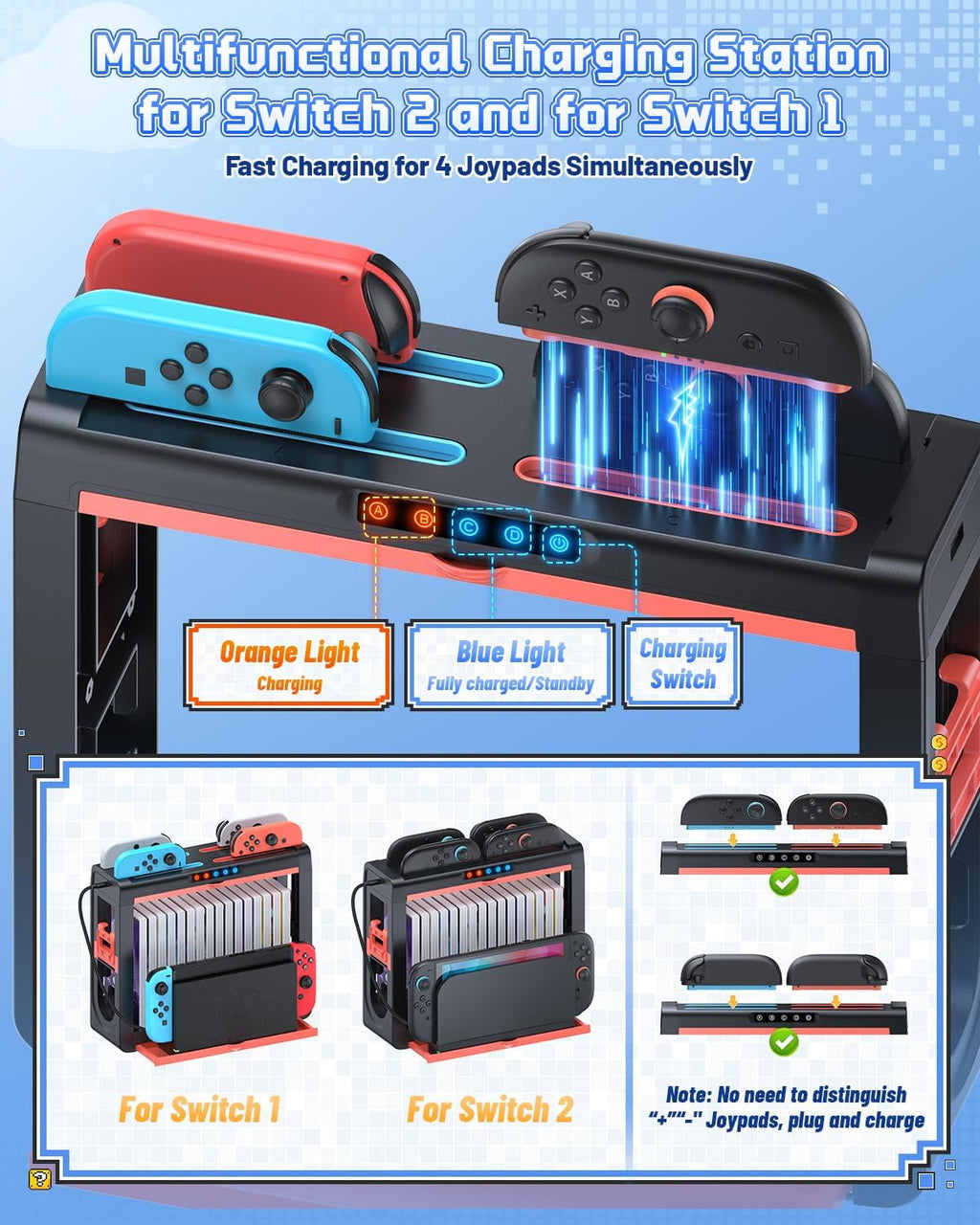Organizer and Charging Station for Nintendo Switch 2/1 Charger Dock for Joycon 2/1 Retractable Storage Stand for Switch 2 Console 16 Game Disc 14 Game Cards for Pro Controller