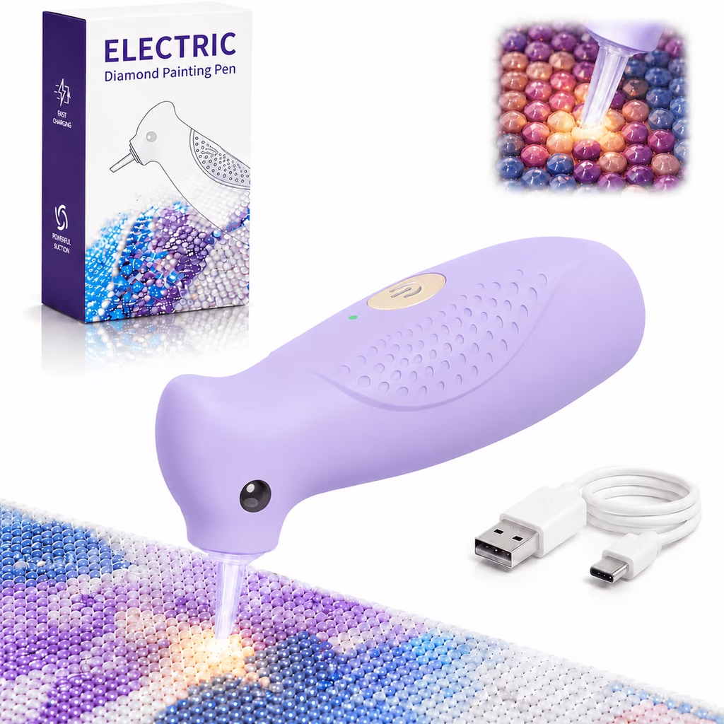 Diamond Painting Pen with Warm Light, Ergonomic Palm-Grip | Diamond art vacuum pen tool with integrated suction tip, wax-free pickup, quiet cordless USB-C rechargeable for 5D DIY crafts, Purple