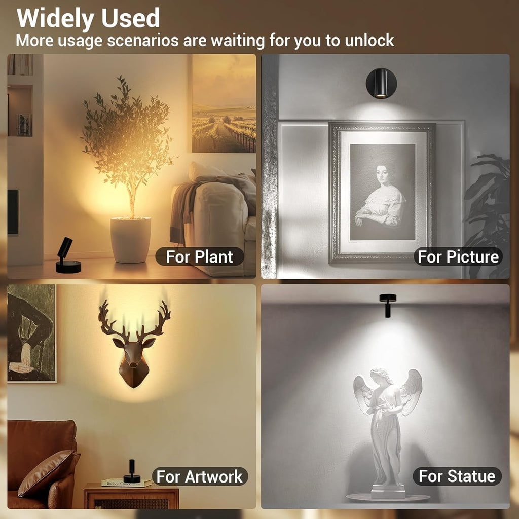 Wireless Led Spotlight Indoor Rechargeable Uplighting Indoor with Remote Dimmable 350° Rotate Battery Powered Ceiling Spotlight for Artwork Painting Tree Black 1pcs